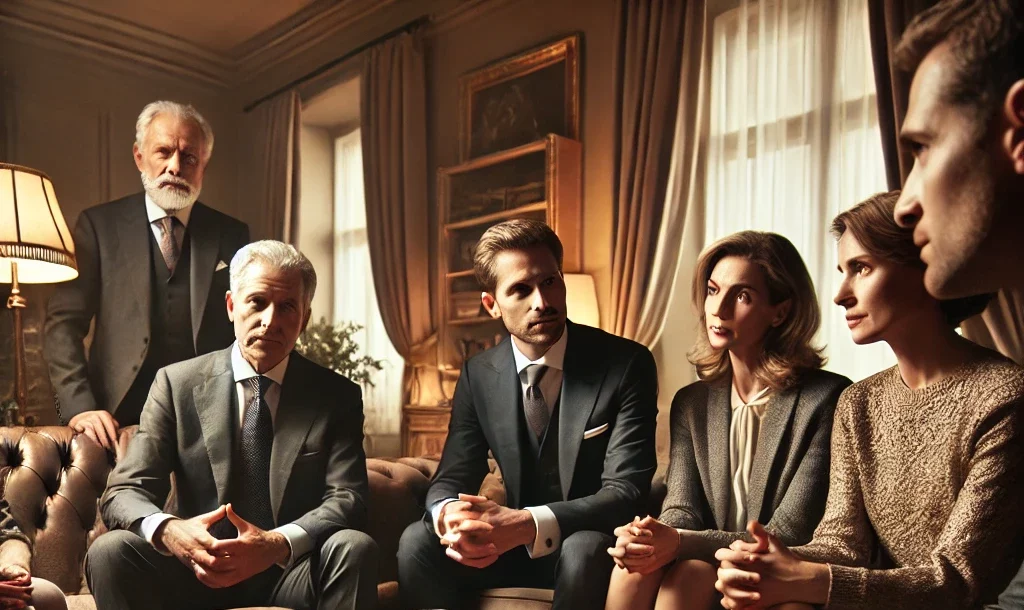 Four adult family members dressed in formal attire sit closely together in a living room, to discuss matters of inheritance