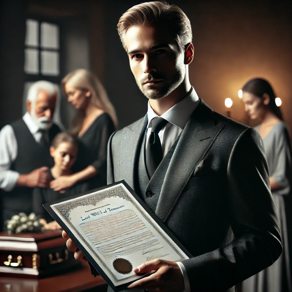 A man stands in the foreground, while his family grieves their loved ones.