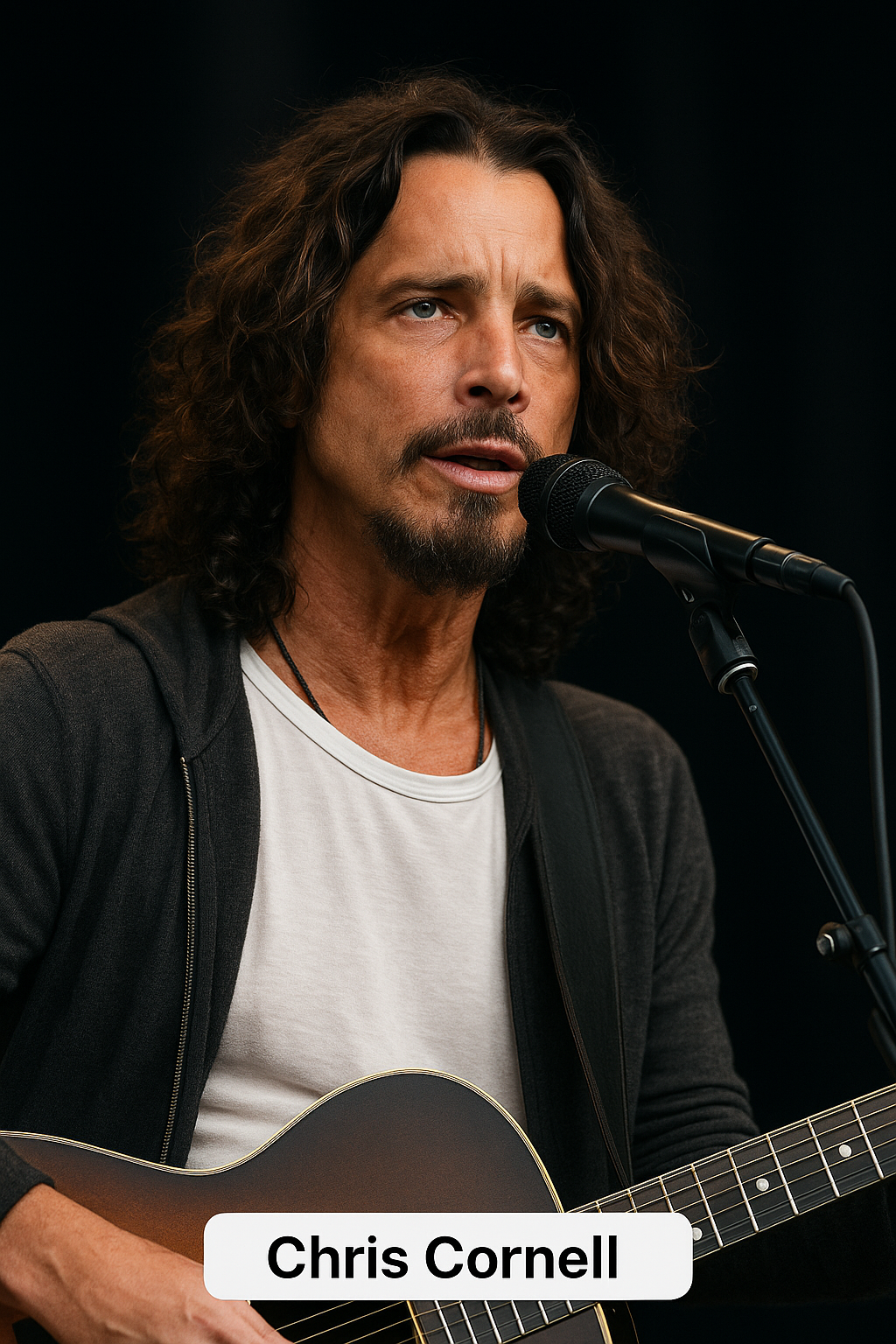 Chris Cornell performing live on stage, singing into a microphone while playing an acoustic guitar.