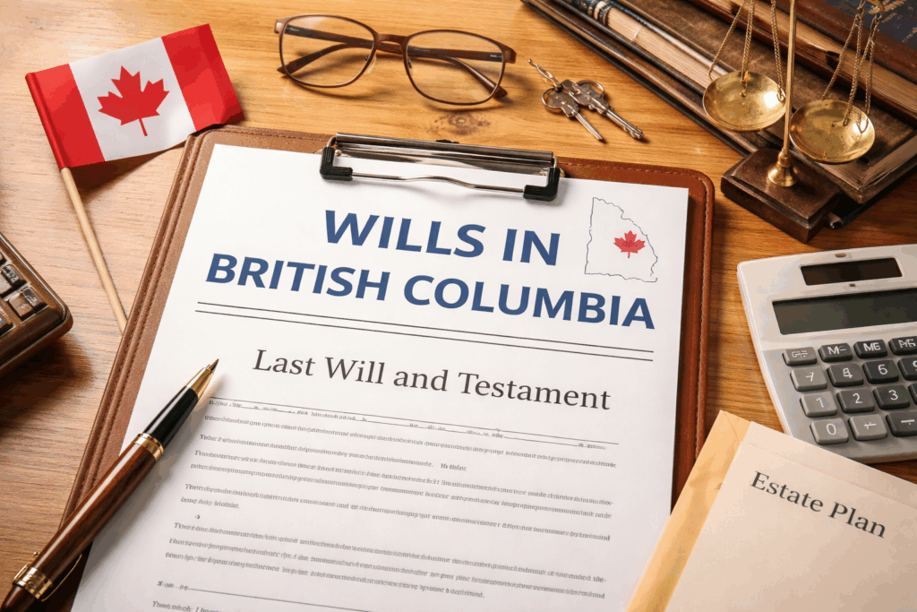 Last Will and Testament document with Canadian flag and estate planning tools representing creating a Will in British Columbia.