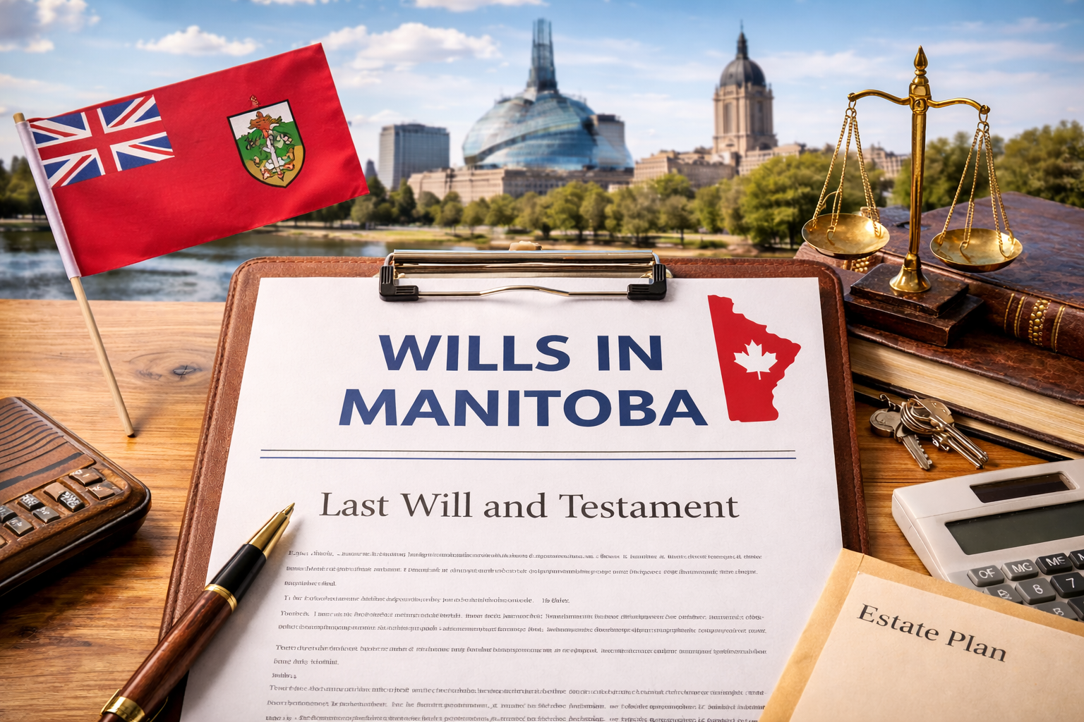 Last Will and Testament document with Manitoba flag and estate planning tools representing making a Will in Manitoba, Canada.