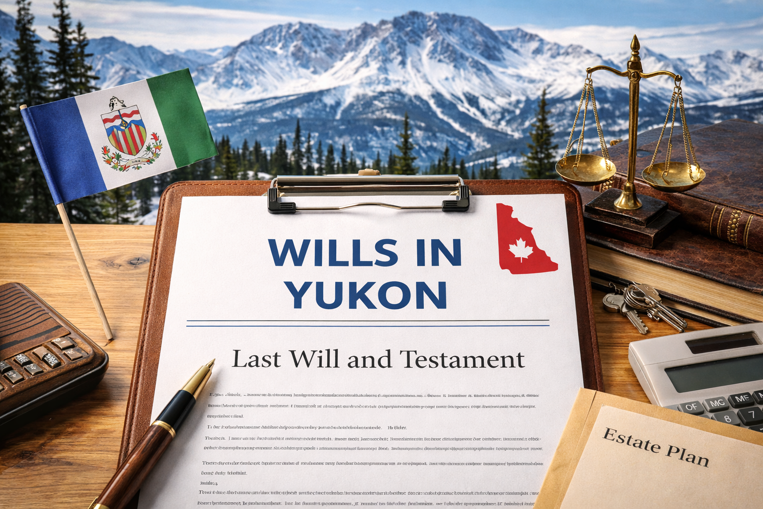 Last Will and Testament document with Canadian flag and estate planning tools representing creating a Will in Yukon